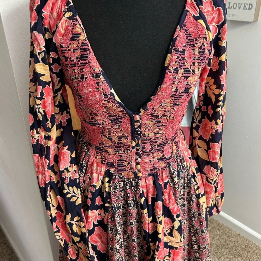 Free People Navy and Pink Floral Long Sleeve Dress - Picture 2 of 11